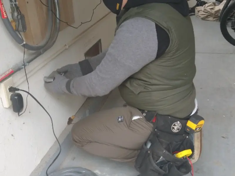 Electrician performing outlet wiring in a Arnold garage
